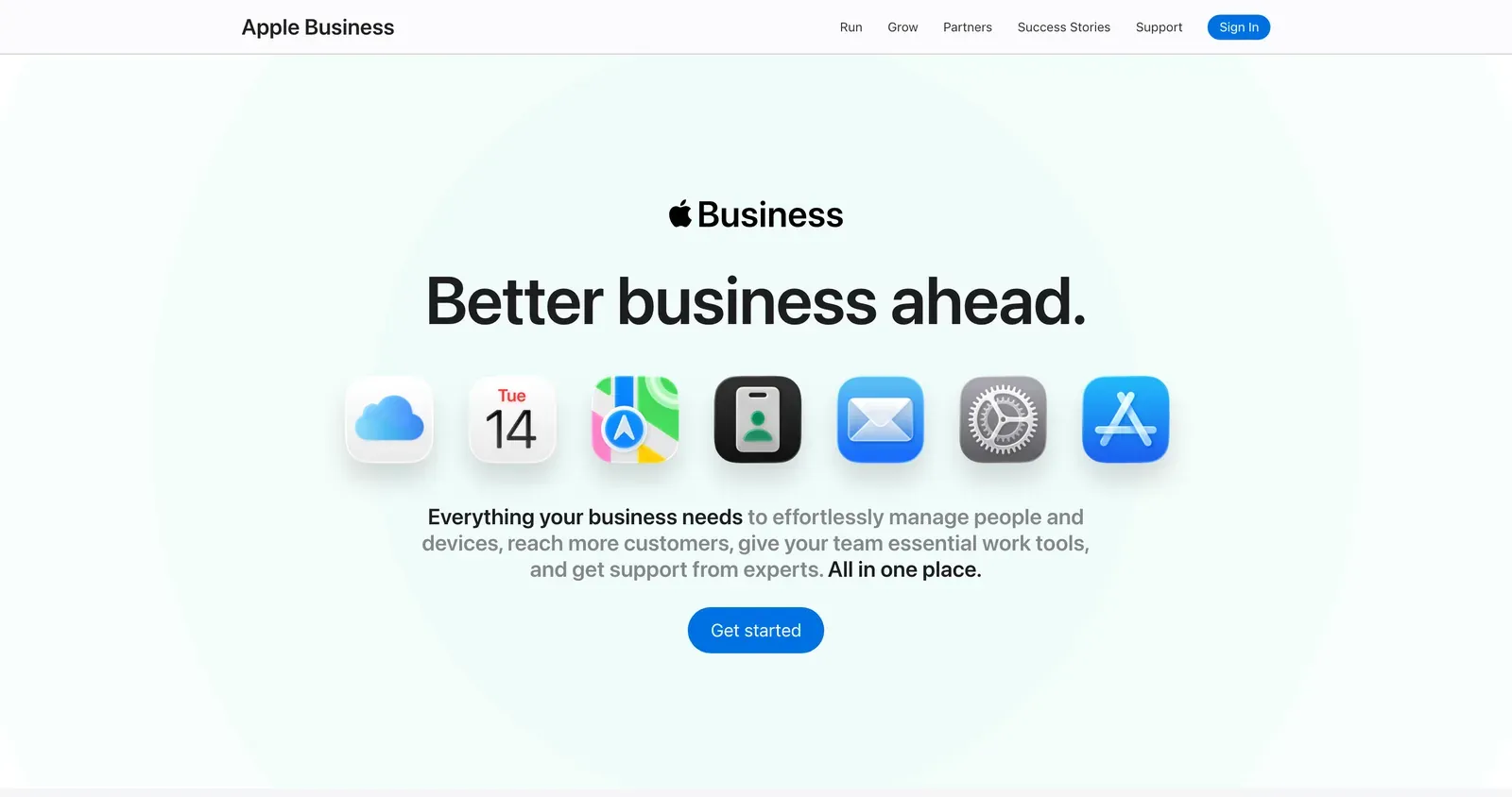 The Apple Business homepage in August 2026, showing the Apple Business wordmark above a row of app icons including Maps