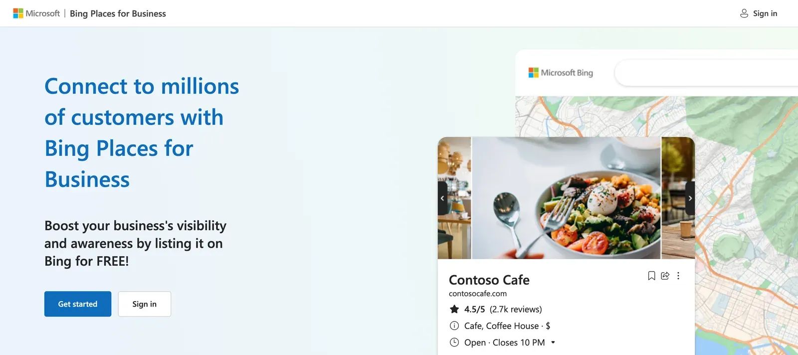 The Bing Places for Business homepage at bing.com forbusiness in August 2026, with a sample place card for a cafe