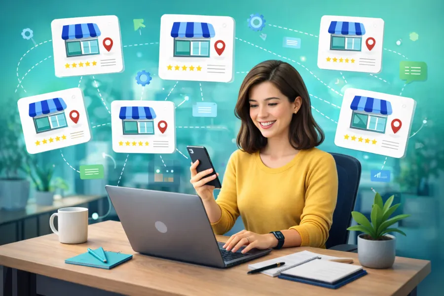A smiling professional woman working at a laptop and smartphone in an office, with multiple google business profile cards connected in the background
