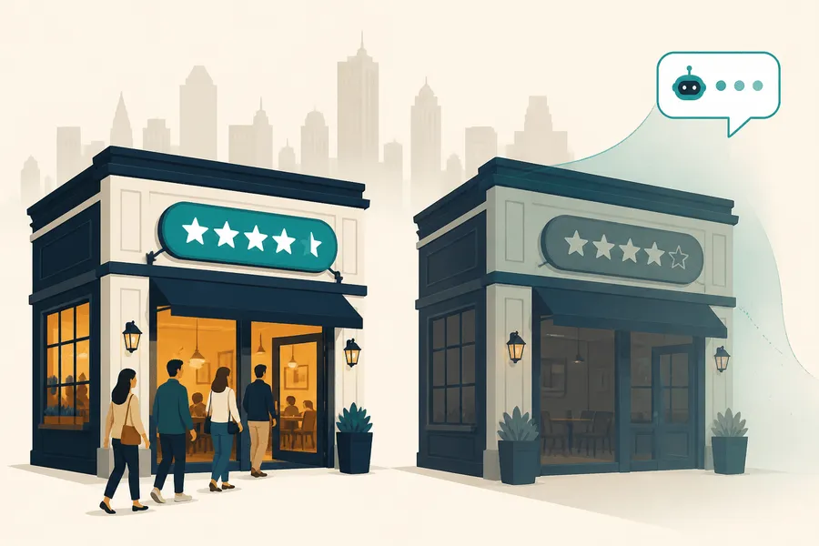 A 4.5-star glass restaurant glowing teal next to an aged 4.0-star restaurant being filtered out by an AI chat bubble