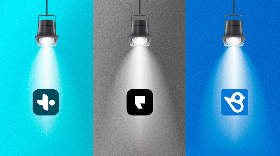 The logos of Pluspoint, Podium and Birdeye under light bulbs, representing the comparison between the three.
