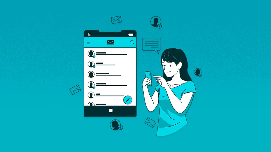 Woman typing on her phone standing beside the representation of an inbox. 