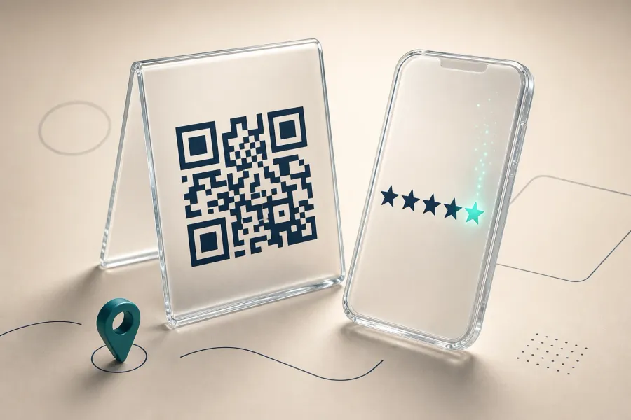 Google review QR code on a table tent in a cafe, with a customer about to scan it