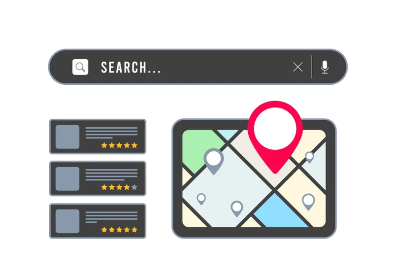 Illustration of local search on Google, highlighting the convenience of finding nearby businesses and services.
