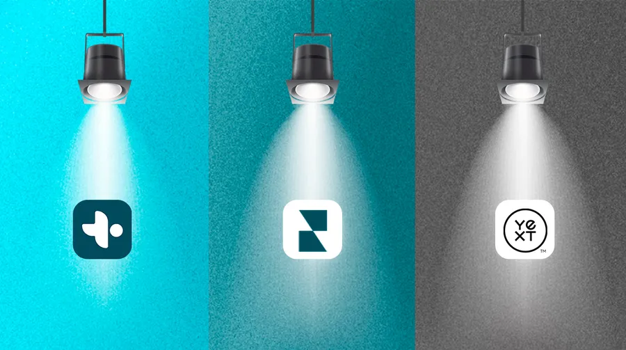 The logos of Pluspoint, Reputation.com and Yext under light bulbs in order to represent the comparison between the platforms