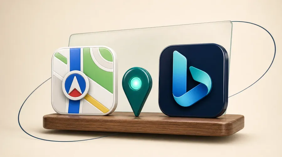 Um ícone do Apple Maps e o logo do Bing em placas esmaltadas sobre uma bancada de nogueira, com um alfinete de mapa verde-azulado aceso entre os dois