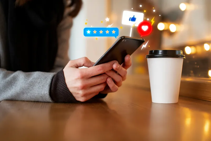 Person leaving an online review on a cellphone, emphasizing the importance of customer feedback and engagement.