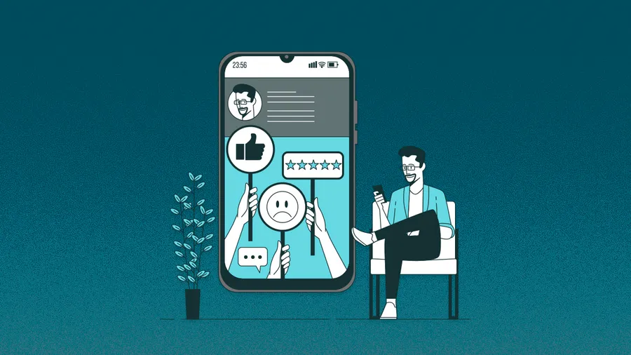 Person sitting next to a phone showing online reviews in order to convey the idea of online reputation management.