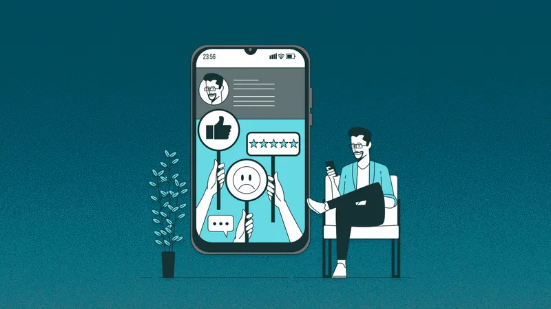 Pessoa sentada ao lado de um telefone mostrando avaliações on-line para transmitir a ideia de gerenciamento de reputação on-line.