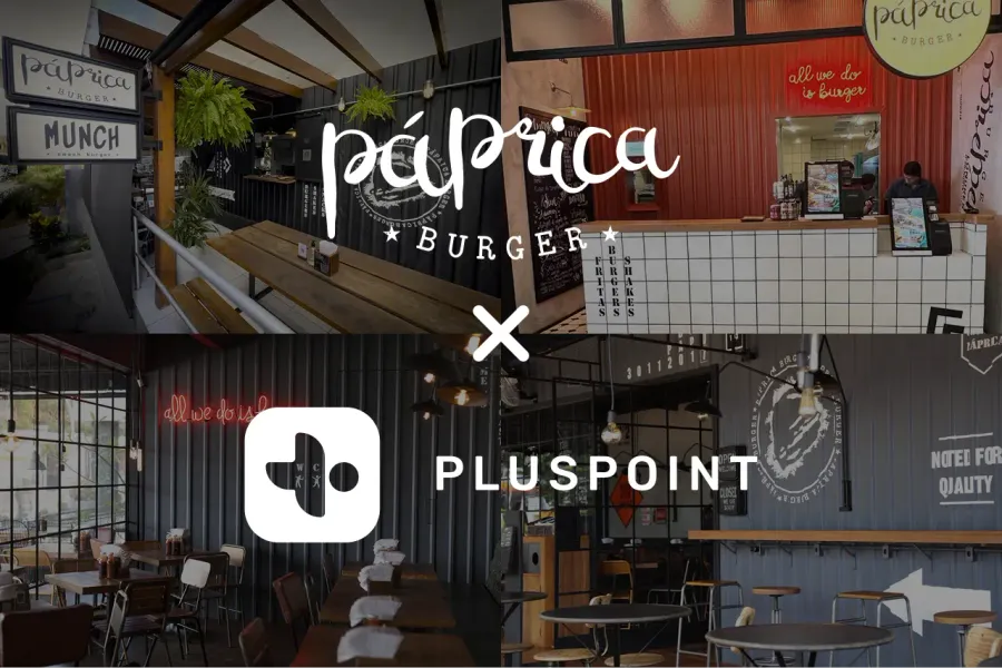 Paprica Burger and Pluspoint partnership collage showing restaurant interiors, branding, and logos for case study.