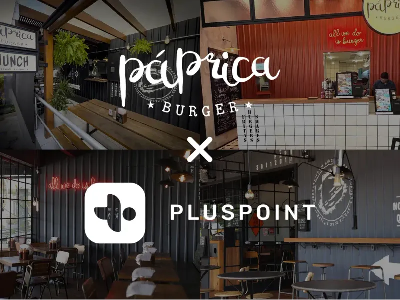 Collage de la alianza entre Paprica Burger y Pluspoint que muestra interiores de restaurantes, branding y logotipos del caso de éxito.