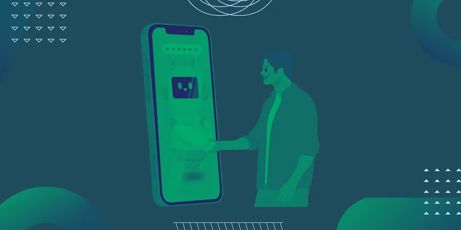 Man speaks to robot in phone in order to represent customer interacting with AI chatbot