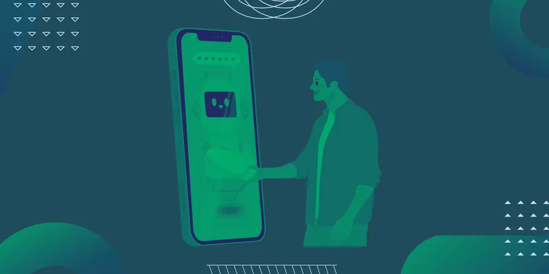 Man speaks to robot in phone in order to represent customer interacting with AI chatbot
