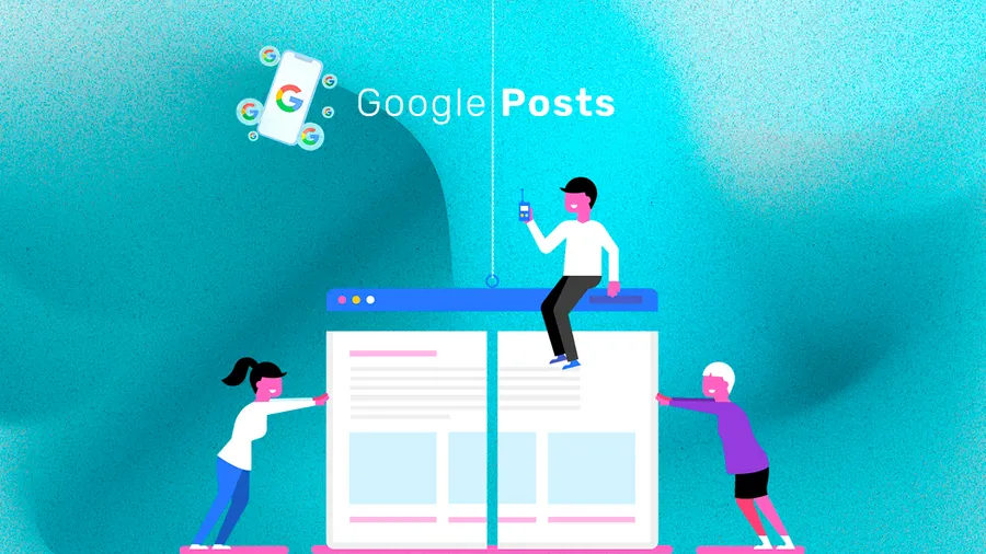 Several people around the representation of a screenshot that represents Google Posts.