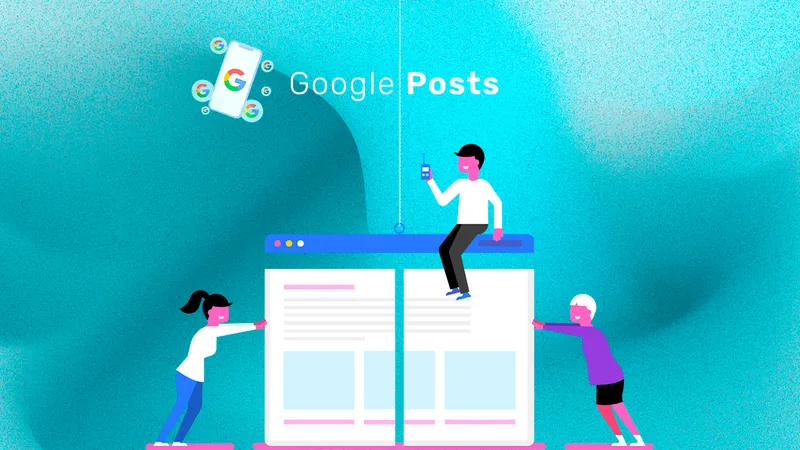 Several people around the representation of a screenshot that represents Google Posts.