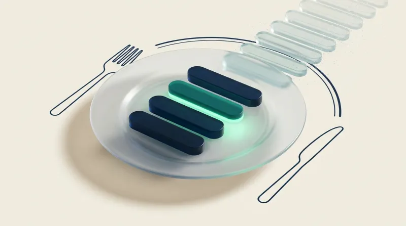 A frosted glass dinner plate served with exactly four bars, three navy and one glowing teal, while an endless queue of pale glass bars drifts off the edge and dissolves