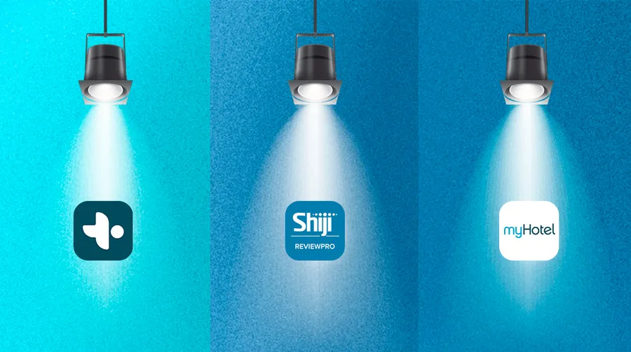 The logos of ReviewPro, MyHotel and Pluspoint under light bulbs in order to represent the comparison between the three.