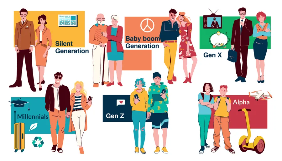 Illustration depicting diverse generation groups, showcasing inclusivity and cultural diversity.
