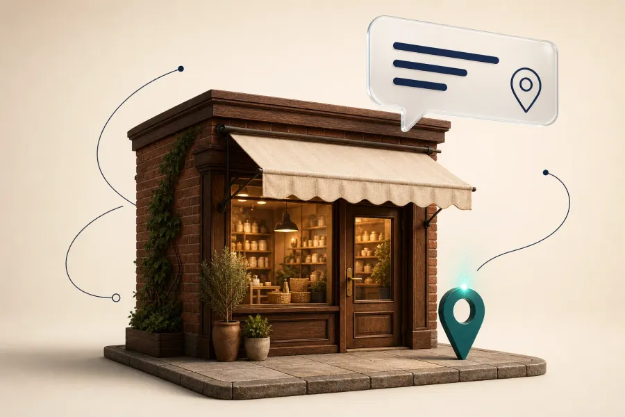 A small brick and walnut storefront with a glowing window, a teal map pin outside and a frosted glass question bubble above the roof