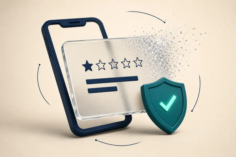 Cartão de avaliação de vidro fosco com uma estrela se desfazendo em partículas diante de um celular azul-marinho, com um escudo verde-azulado e um visto verde brilhante
