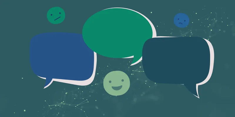 Message balloons and emoji on a background that represents technology.