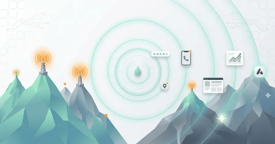 Multi-location business micro-optimizations showing interconnected locations with analytics and signals