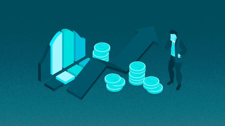 A man standing beside charts and coins in order to represent ROI calculation.