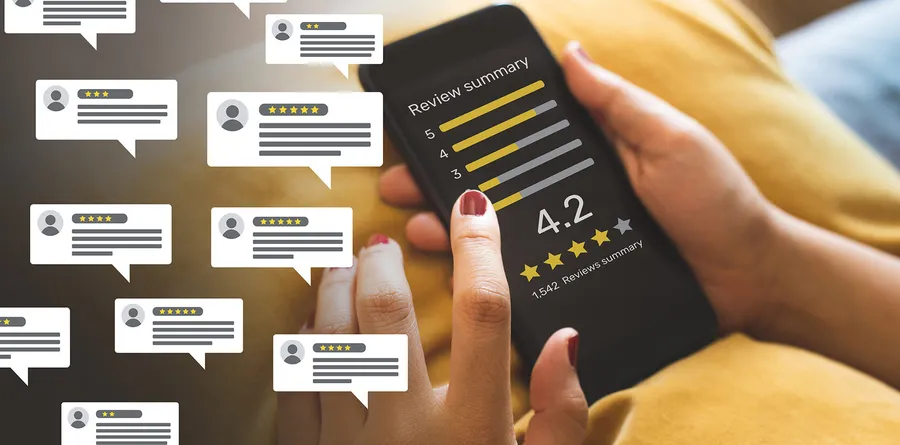Illustration depicting numerous reviews surrounding a cellphone, suggesting the unethical practice of purchasing reviews.