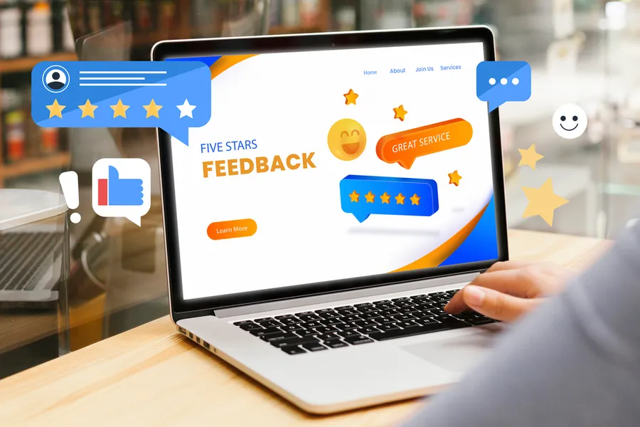 Laptop displaying customer feedback, highlighting the importance of client satisfaction and engagement.