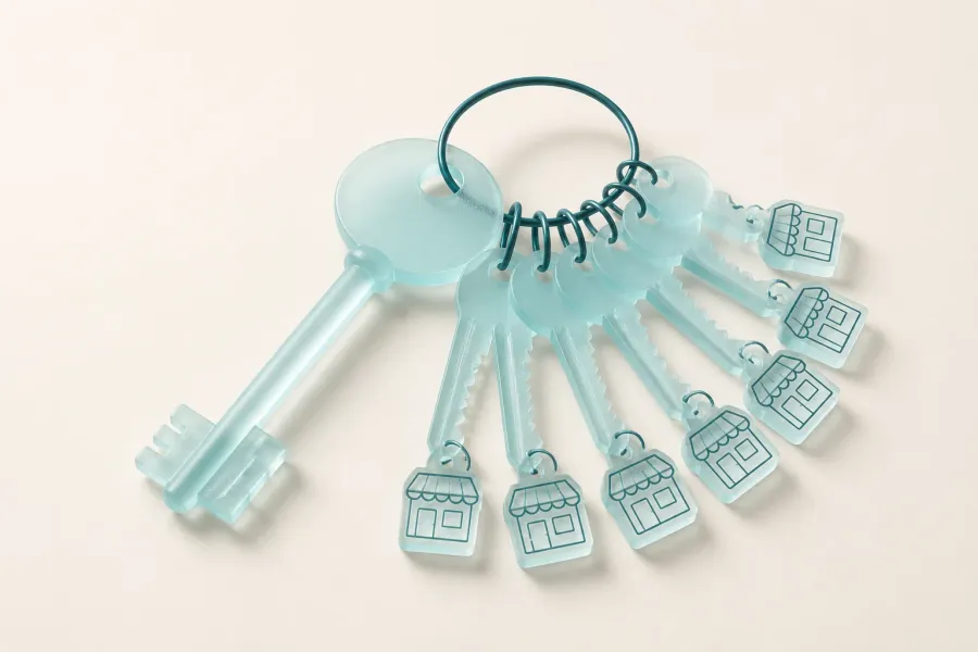 A ring of frosted glass keys on a cream surface, one large master key beside a row of smaller keys, each tagged with a tiny storefront