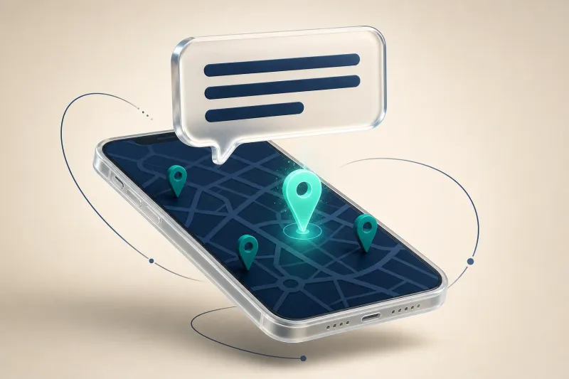 Ask Maps chat bubble above a navy map with teal location pins, one pin glowing as the AI's recommended business