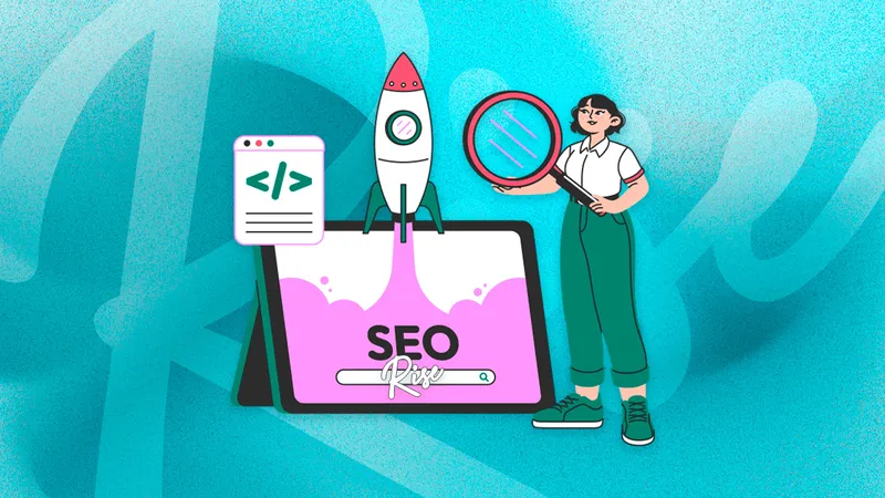 A person with a looking glass in front of a screen and a rocket representing growing a business through Retail SEO