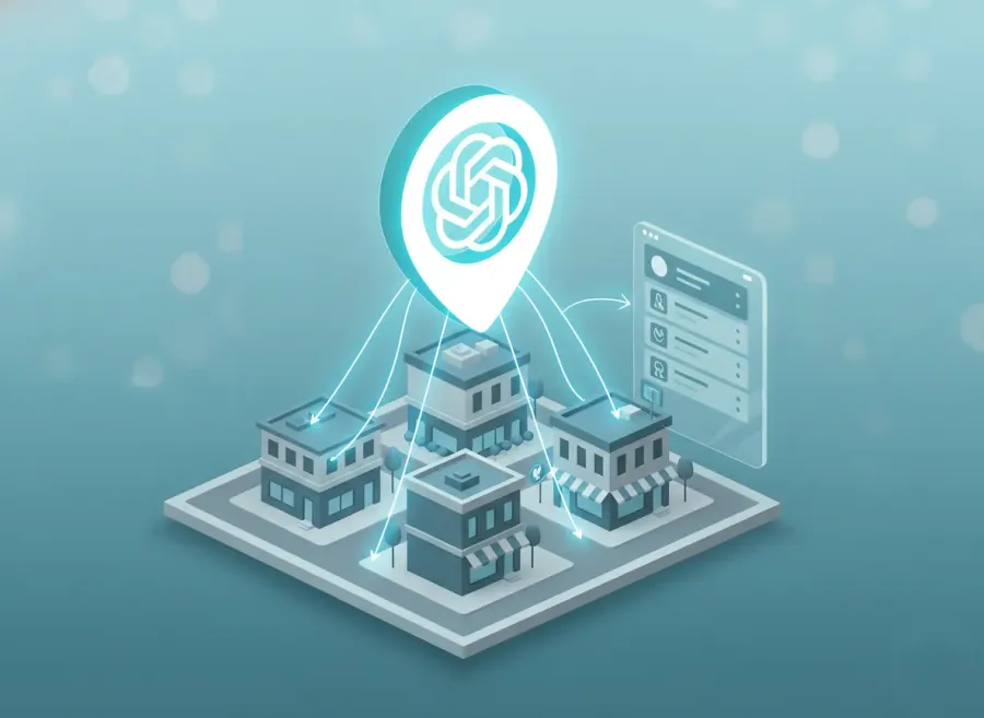 AI-powered local business management illustration showing multiple storefronts connected by a centralized location pin icon and digital dashboard