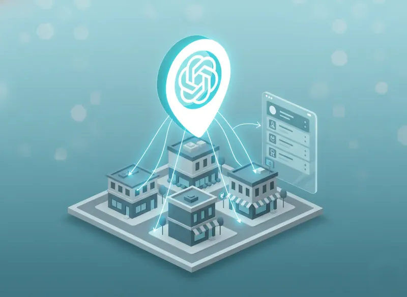 AI-powered local business management illustration showing multiple storefronts connected by a centralized location pin icon and digital dashboard