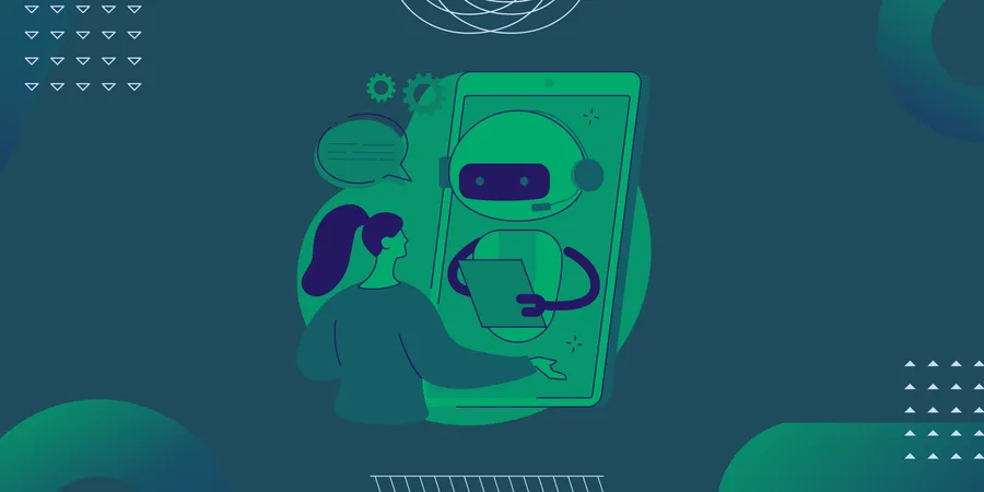 Woman speaking to robot figure in order to represent customer talking to AI chatbot