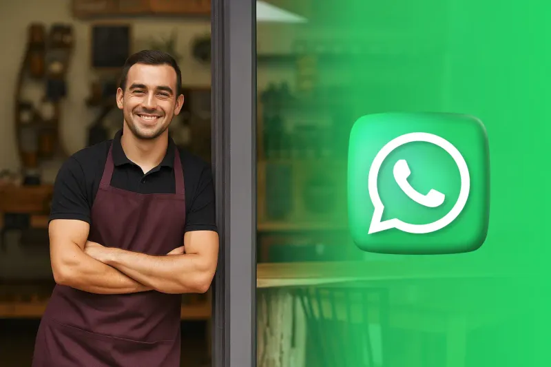 Propietaria de un pequeño negocio de pie en la entrada de la tienda sonriendo con confianza, representando la comunicación moderna con el cliente.