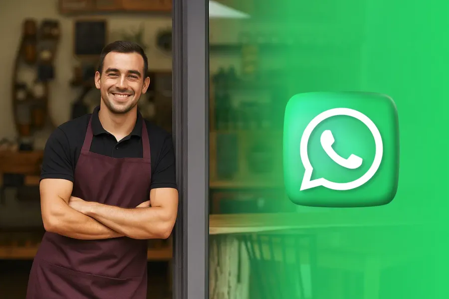 Small business owner standing at shop entrance smiling confidently, representing modern customer communication.