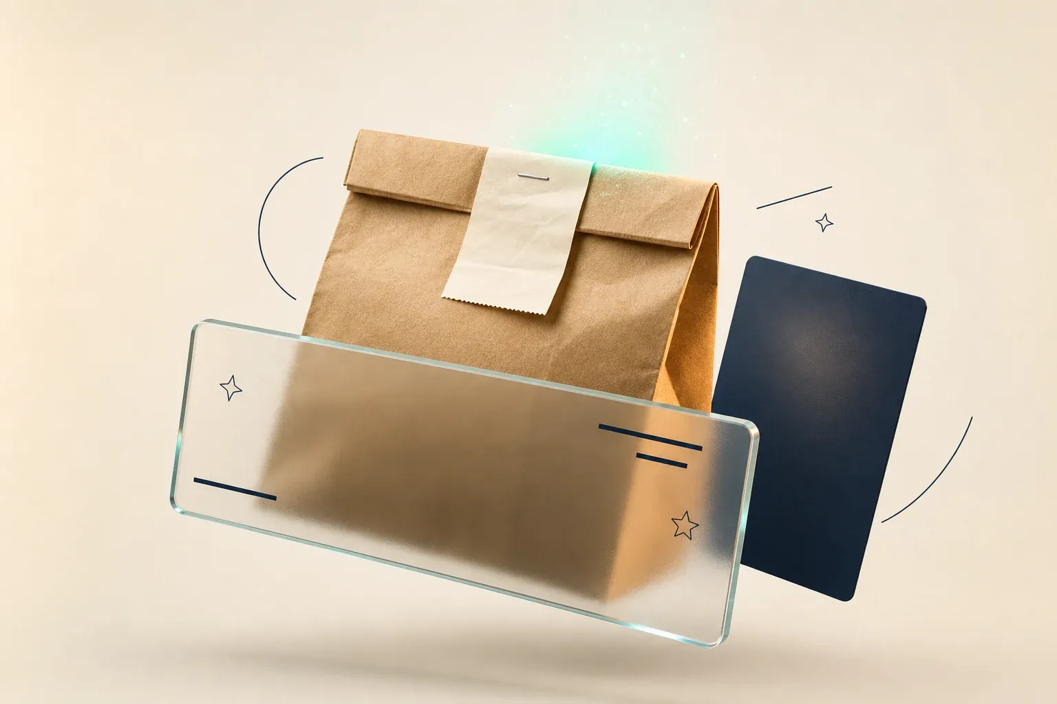 A sealed kraft delivery bag partly hidden behind a frosted glass panel marked with review stars