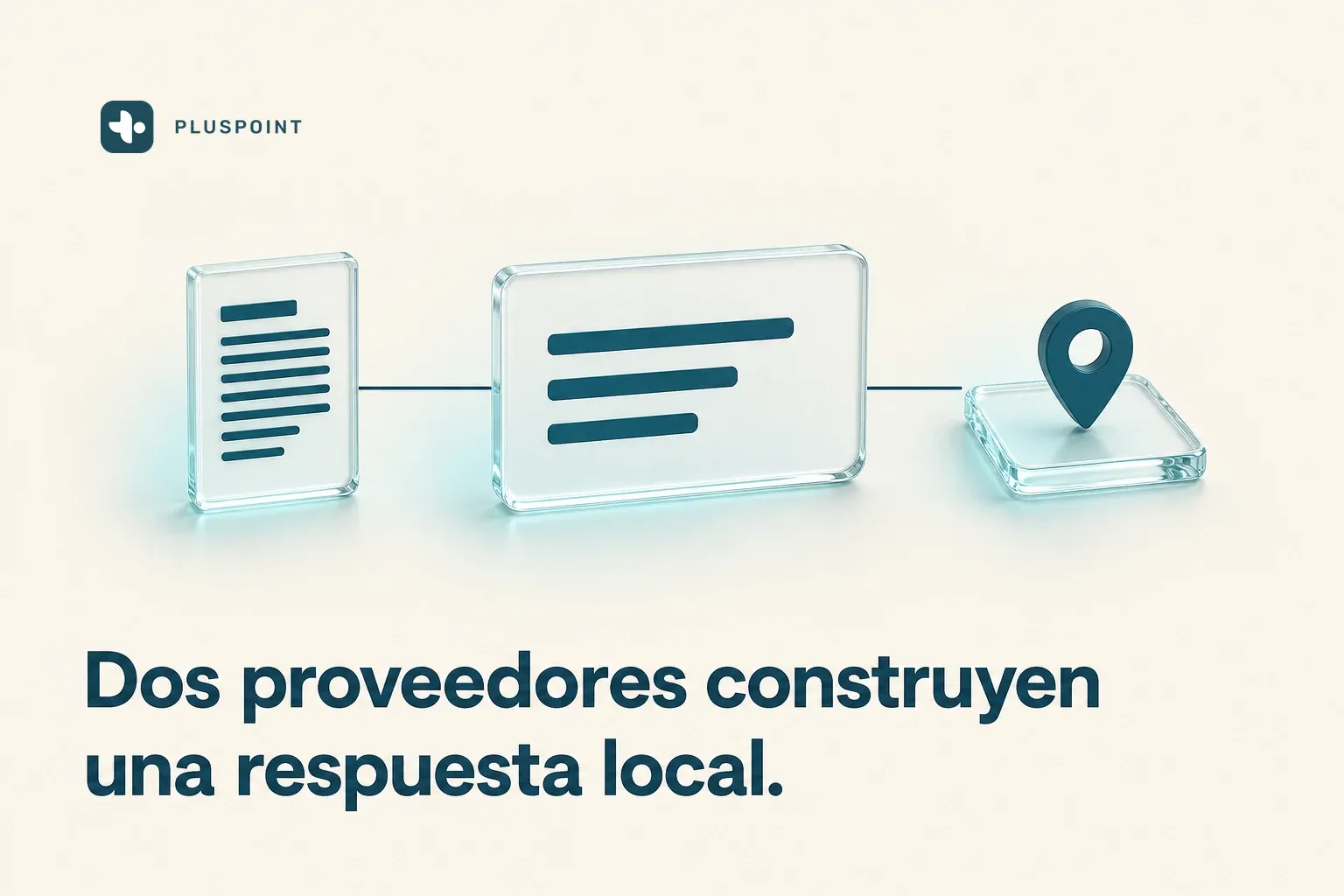 Tres tarjetas de vidrio esmerilado unidas por líneas finas, un panel de artículo y una tarjeta de negocio alimentando una tarjeta central de respuesta