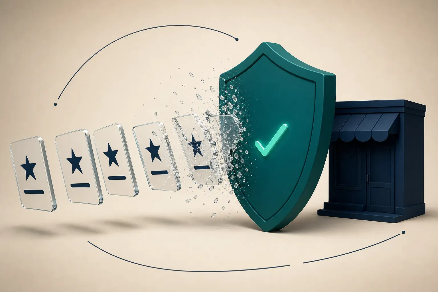 Onda de cartões de avaliação de uma estrela se estilhaçando contra um escudo diante de uma loja, ilustrando as proteções do Google contra extorsão