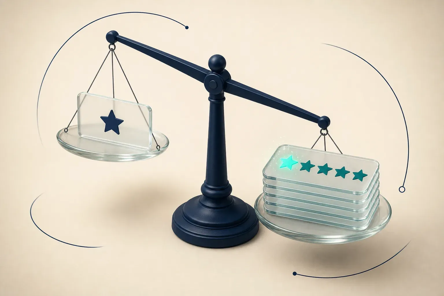 Balança pendendo para uma pilha de cartões de cinco estrelas que juntos superam um único cartão de uma estrela