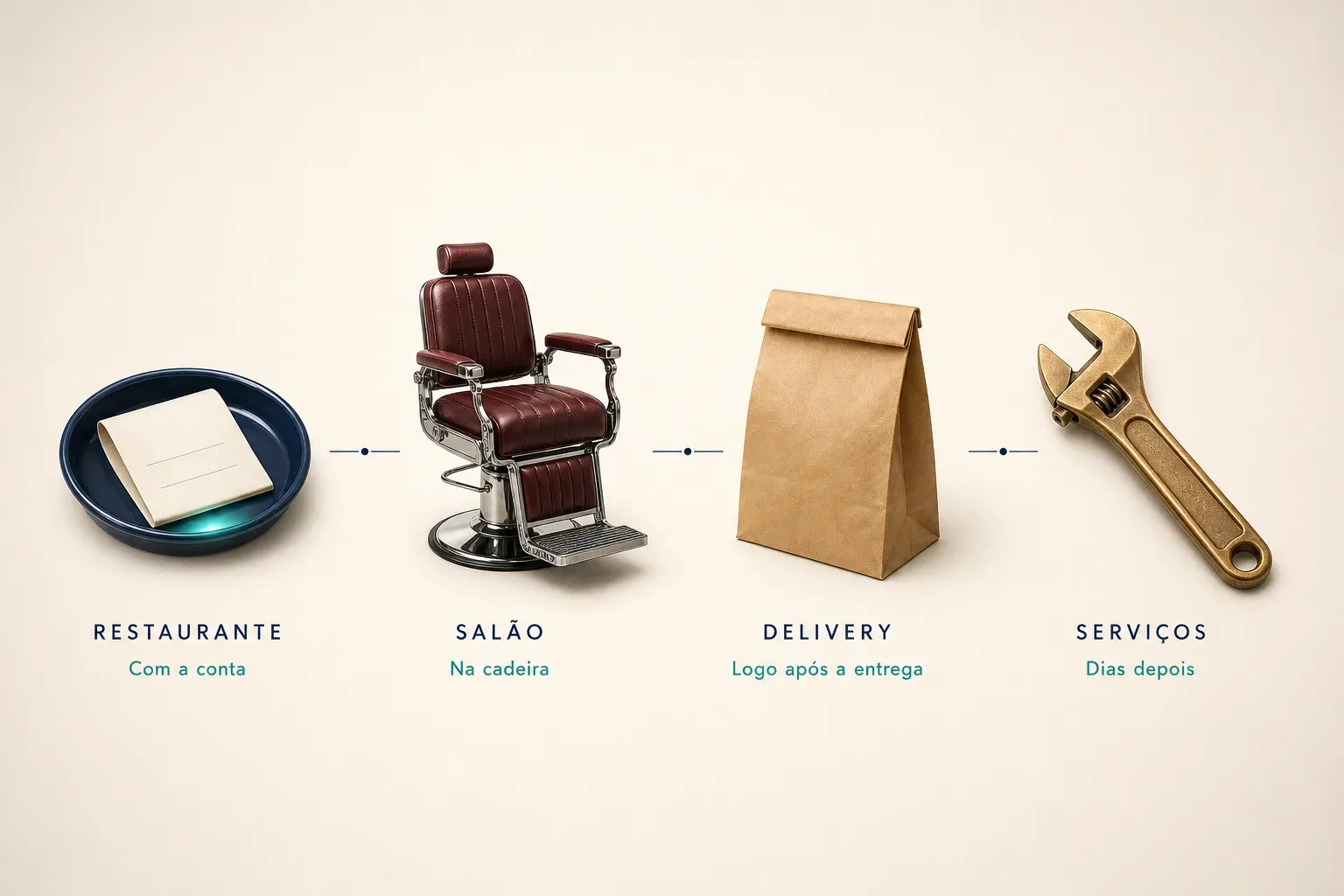 Infográfico de quando pedir a avaliação no Google por tipo de negócio: restaurante junto com a conta, salão na cadeira, delivery logo após a entrega, serviços dias depois