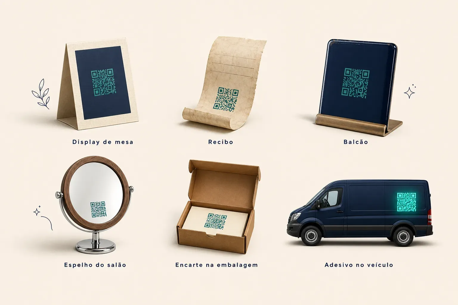 Infográfico com seis superfícies onde um QR code de avaliação do Google coleta escaneamentos ao longo da visita: display de mesa, recibo, balcão, espelho do salão, encarte na embalagem e adesivo no veículo