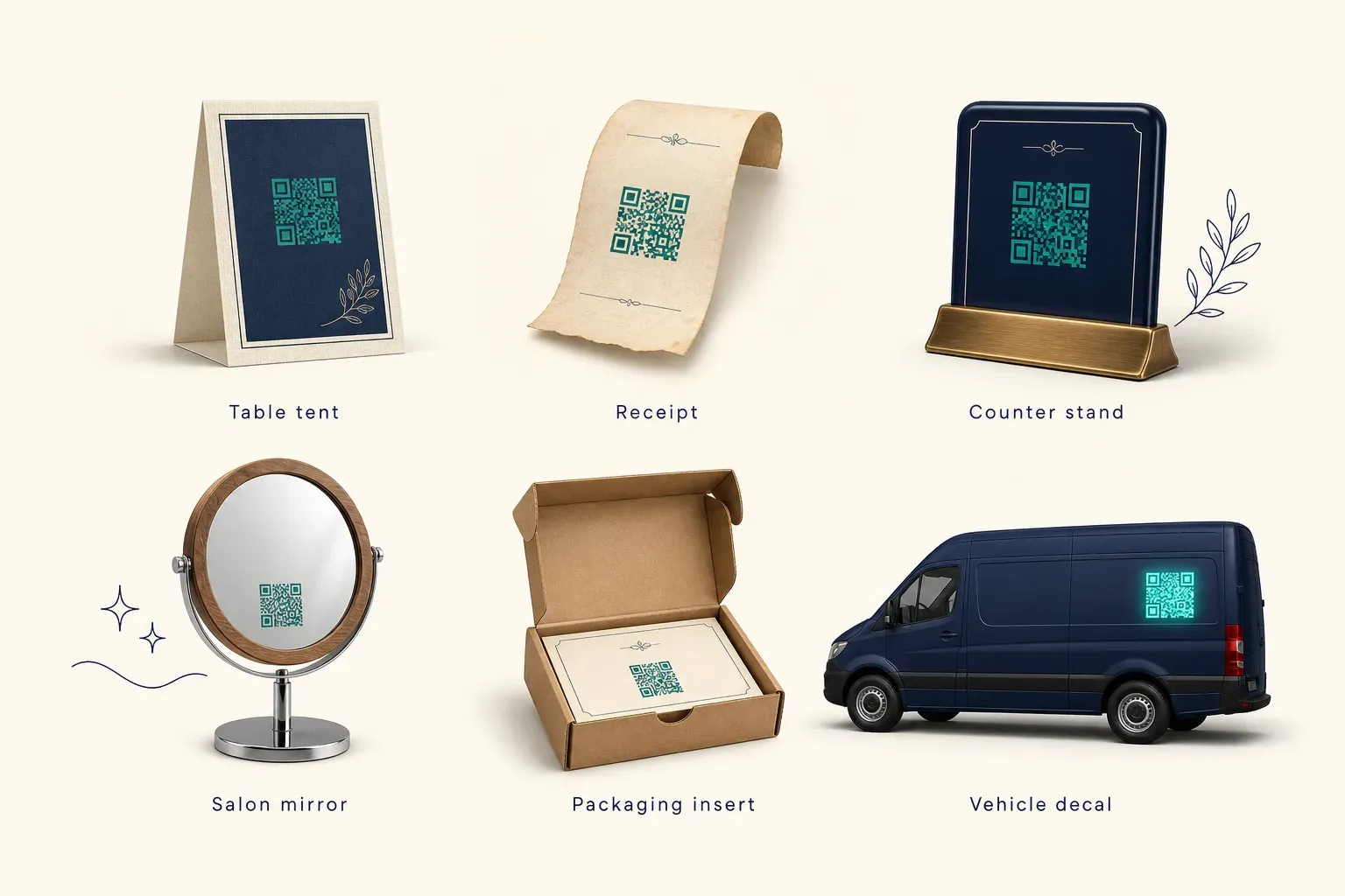Infographic of six surfaces where a Google review QR code collects scans across a customer visit: table tent, receipt, counter stand, salon mirror, packaging insert and vehicle decal