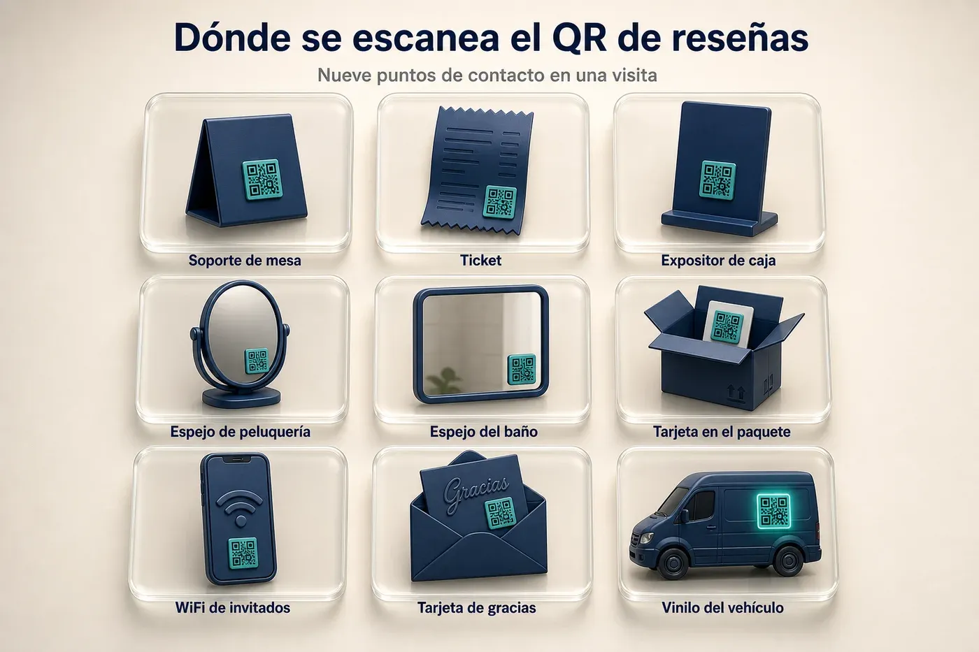Infografía con nueve puntos de contacto donde un código QR para reseñas de Google recoge escaneos durante la visita: soporte de mesa, ticket, expositor de mostrador, espejo de peluquería, espejo de baño, tarjeta en el paquete, pantalla del WiFi de invitados, tarjeta de agradecimiento y vinilo de vehículo