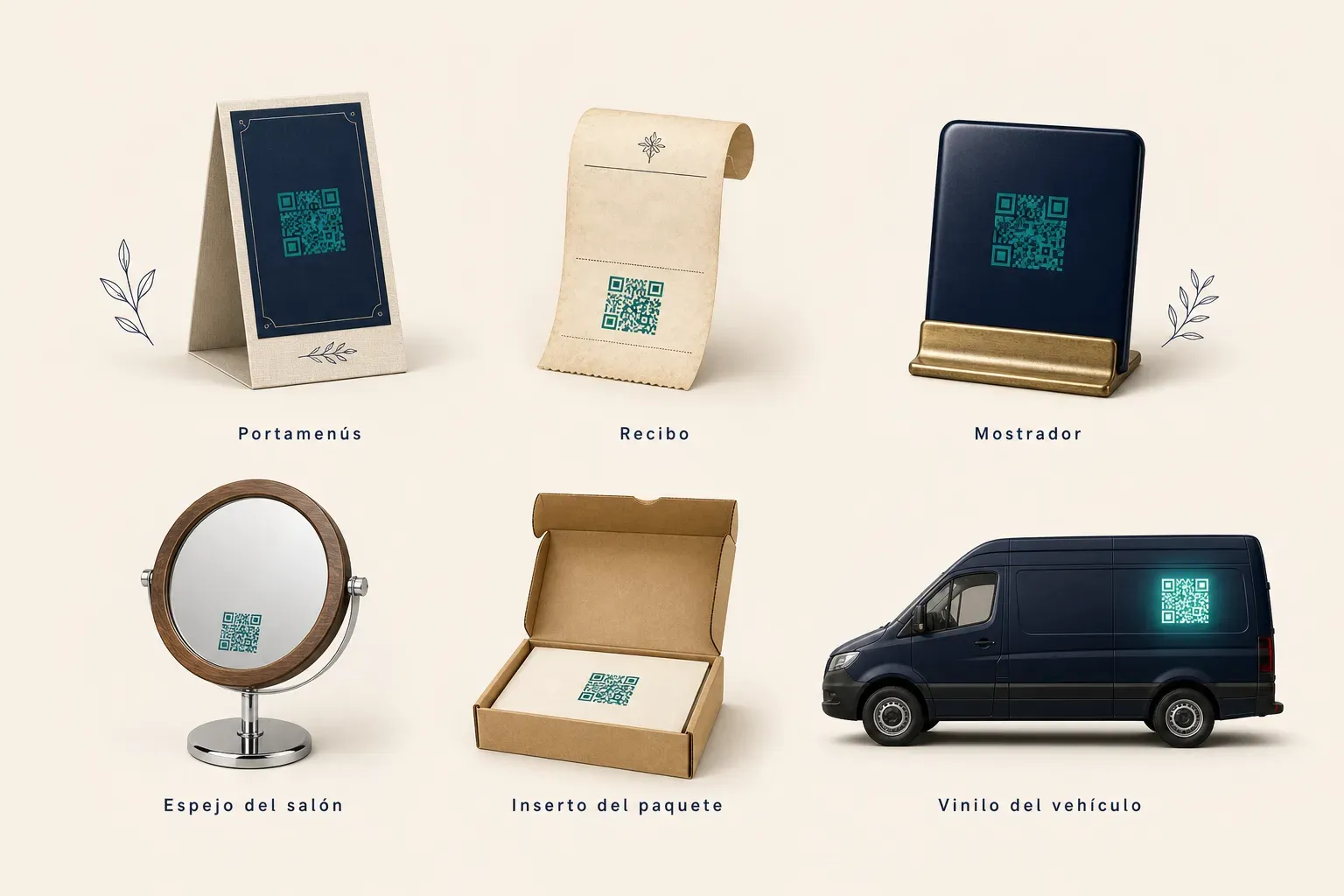Infografía con seis superficies donde un código QR para reseñas de Google recoge escaneos durante la visita: portamenús, recibo, mostrador, espejo del salón, inserto del paquete y vinilo del vehículo