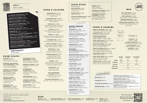 El menú de comida del restaurante Este Oeste con un código QR de comentarios impreso en la esquina inferior