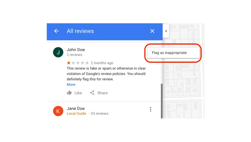 Lista de reseñas de Google Maps con la opción "Marcar como inapropiado" resaltada en una reseña de una estrella