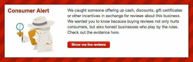 Alerta al consumidor de Yelp advirtiendo que un negocio ofreció dinero o incentivos a cambio de reseñas