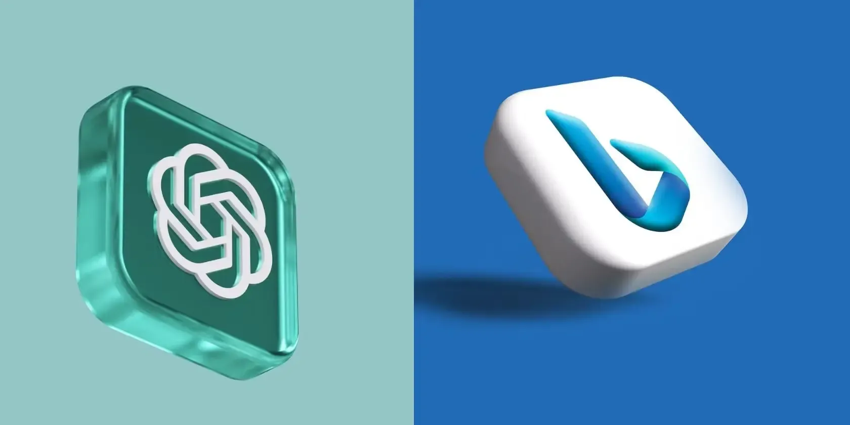 Iconos 3D de ChatGPT y Microsoft Bing uno junto al otro, representando la integración de la búsqueda por IA y el SEO local.